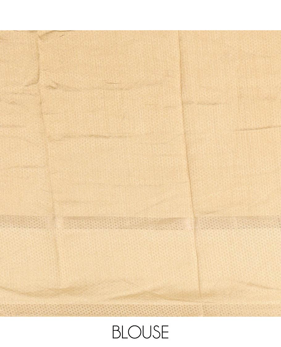 Brown embossed moss chiffon saree, contrast traditional rettai pettu border, embossed pallu, and a contrast embossed blouse