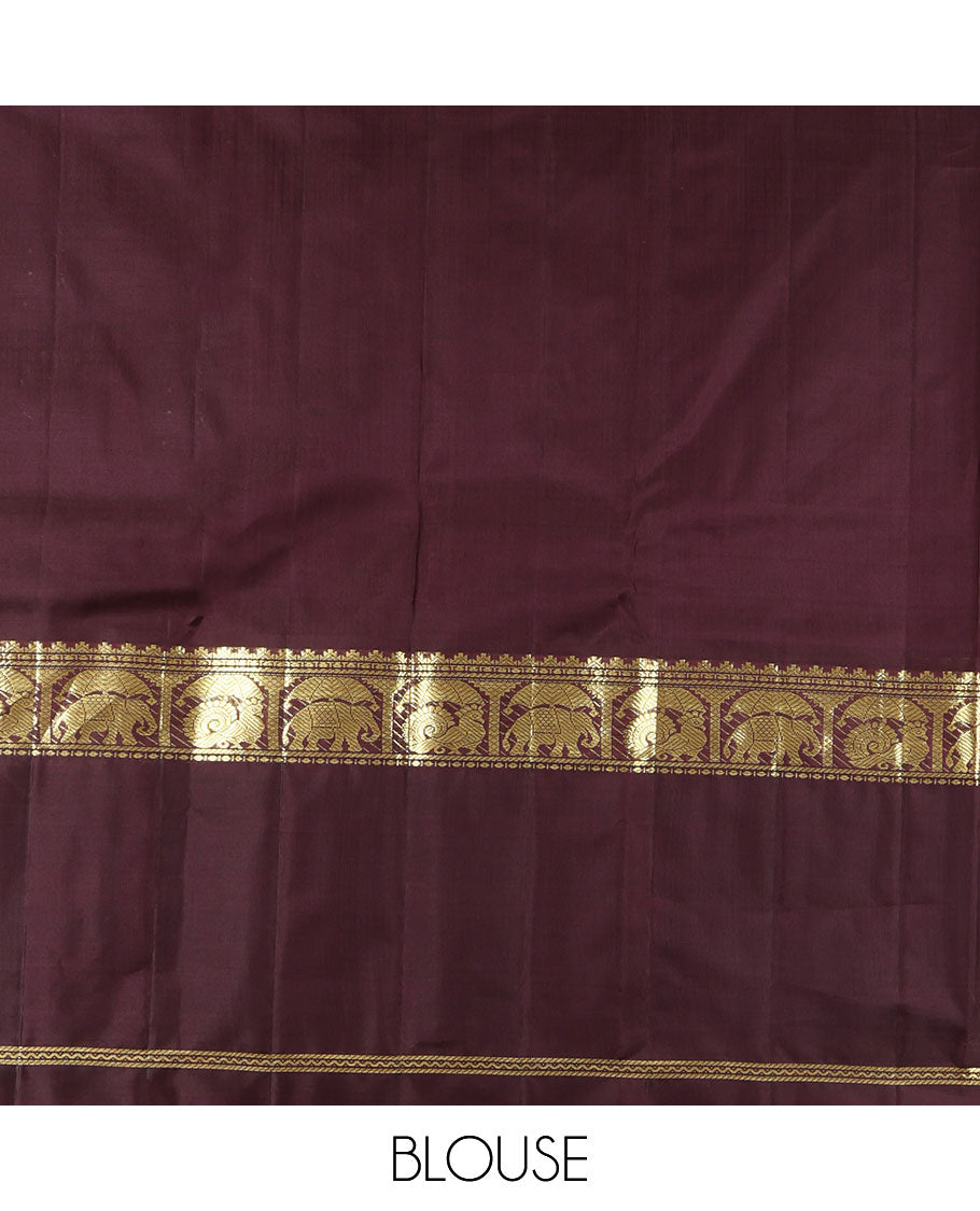 Grey Kanchipuram Silk Saree, Subtly Woven with Buttas, Complemented by a Contrast Rettai Pettu Mayil -Yaanai Border, Pallu of Zari Design, and Contrast Blouse