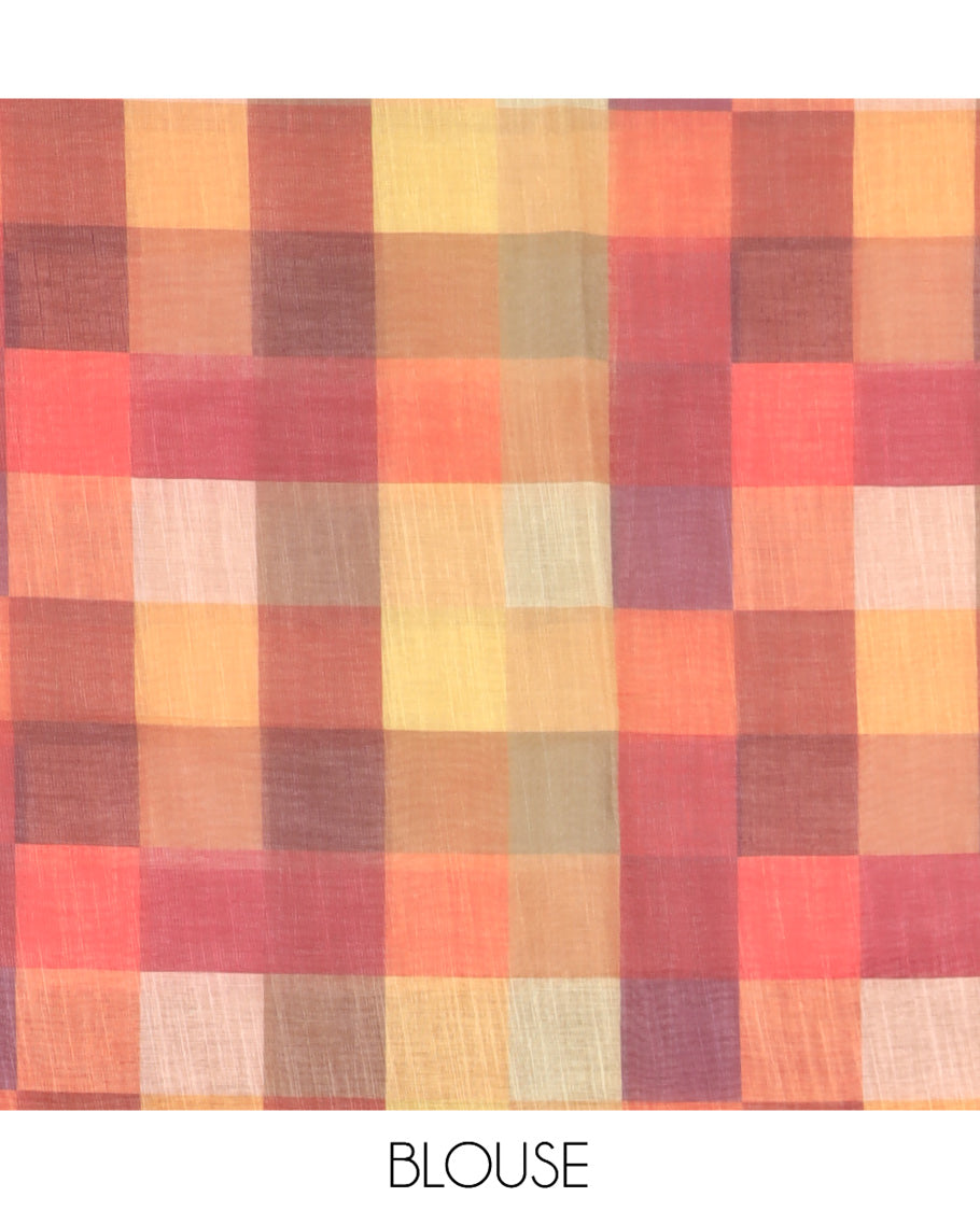 Cream-Yellow Plain Handloom Cotton Saree, a Contrast Checked Border, Checked Pallu, and a Contrast Blouse