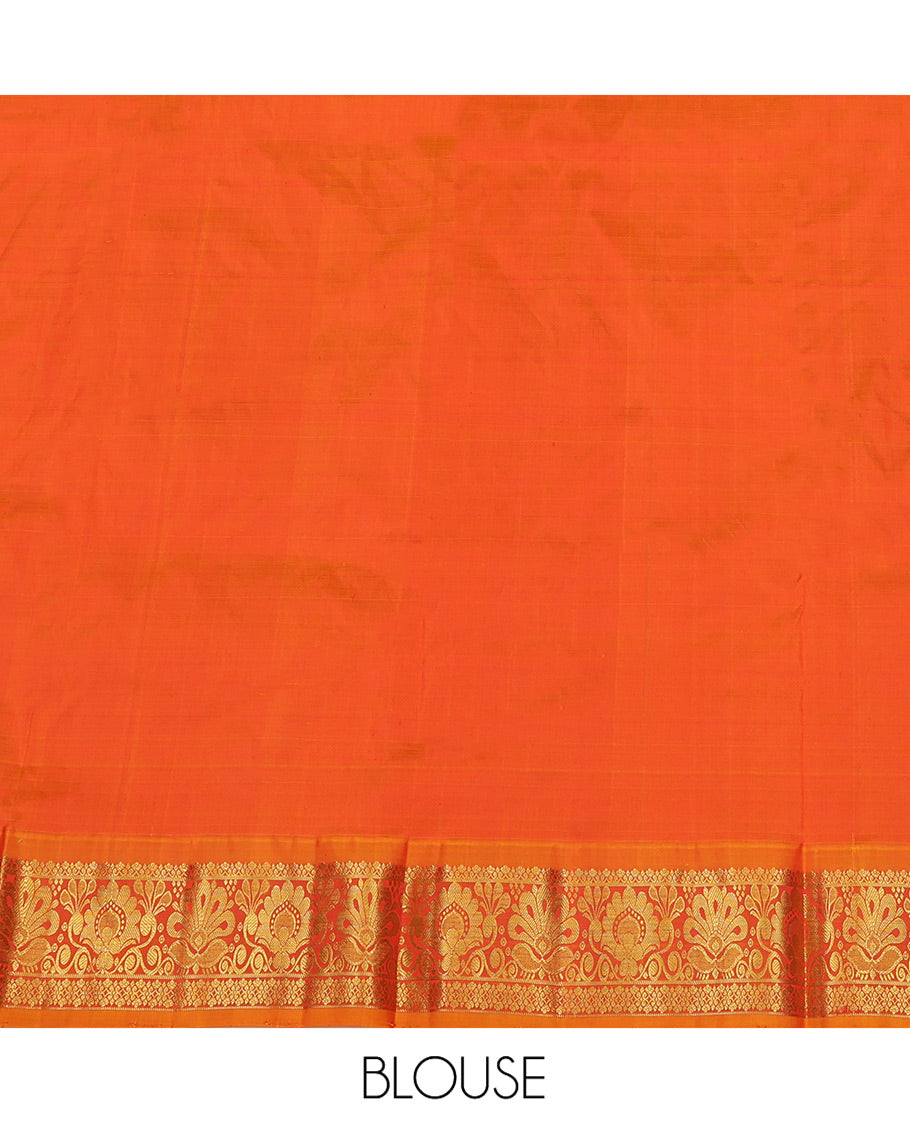 Red Pure Silk Half-Saree, Bedecked with Zari Designs on Its Body, Complemented by a Contrast Floral Zari Design Border, Complemented by a Contrast Blouse, and Paired with a Contrast Dhavani of Jaal Designs