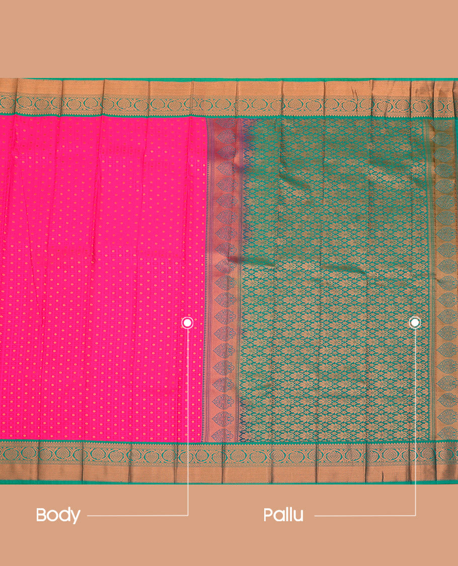 Pink Budget Silk Saree, Richly Detailed with Zari Butta Enclosed Checks on Its Body, Complemented by a Contrast Traditional Zari Border, Grand Pallu, and Paired with a Contrast Blouse