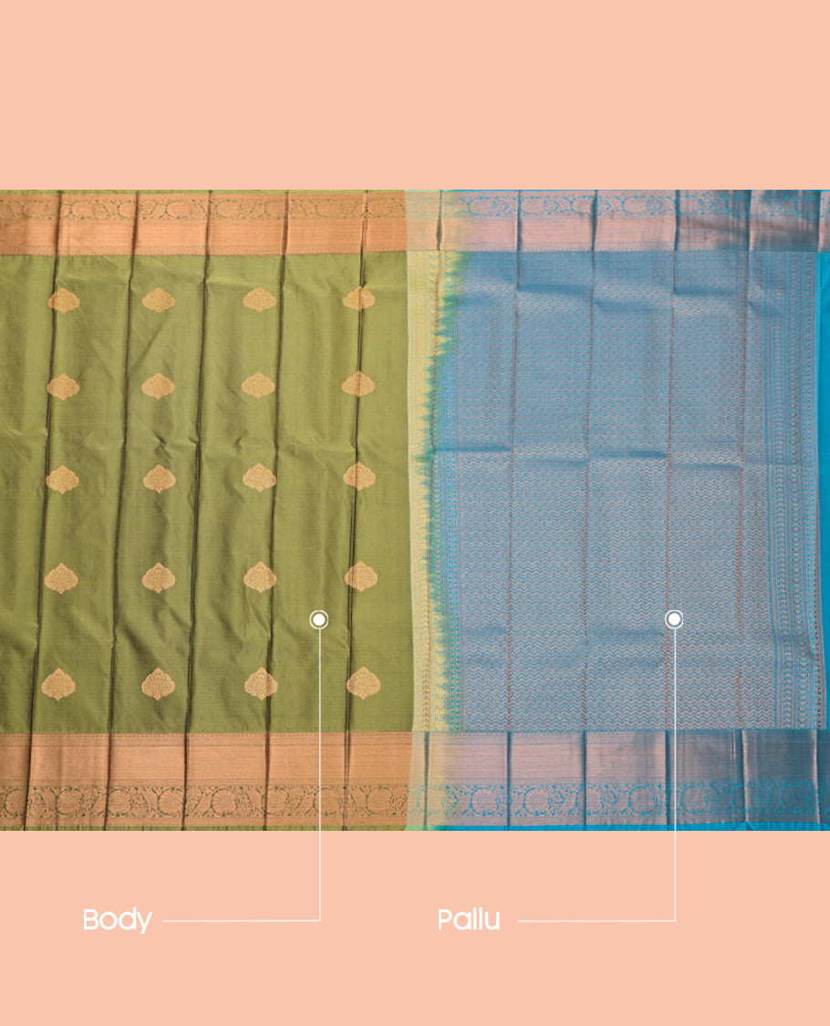 Green Budget Silk Saree, Woven with Zari Buttas, Highlighted by a Traditional Zari Border, Contrast Intricate Pallu, and Contrast Blouse