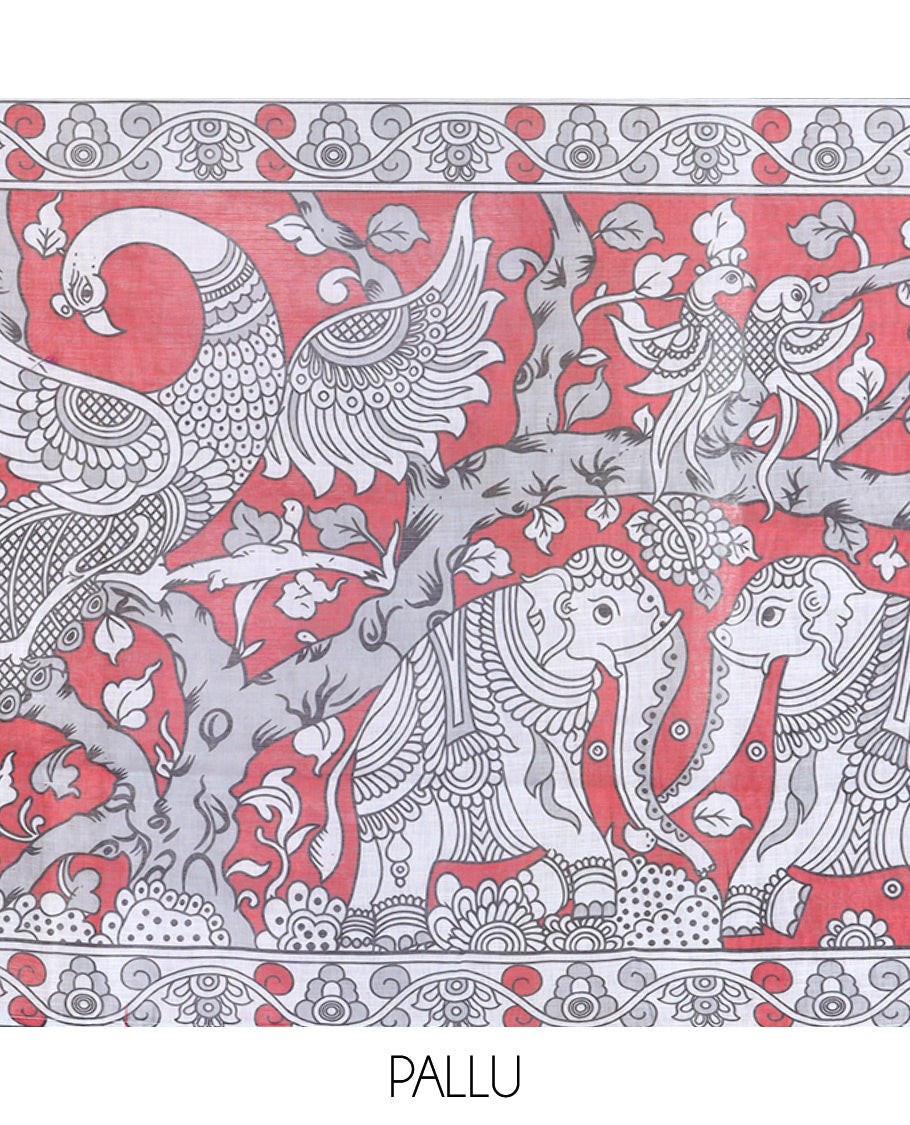 Grey Linen Cotton Saree Features Kalamkari Human Figurines, a Piping Border, Kalamkari Pallu, Contrast Blouse