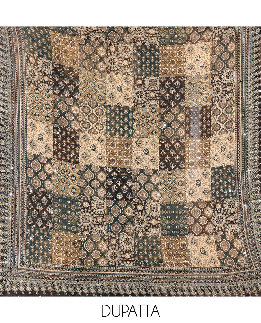 Green Material Chudidhar Set, Adorned with Ajrakh-Style Print and Mirror Work Fox Georgette Top, Santoon Plain Bottom, and Georgette Dupatta of Ajrakh Print and Mirror Work