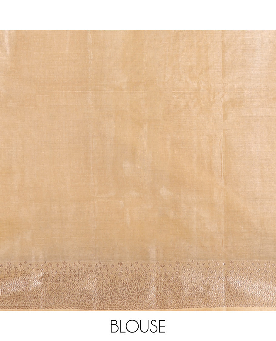 Sandal Tusser Silk Saree, Sparsely Threaded with Zari Buttas, a Zari Border, Grand Pallu, and a Matching Blouse