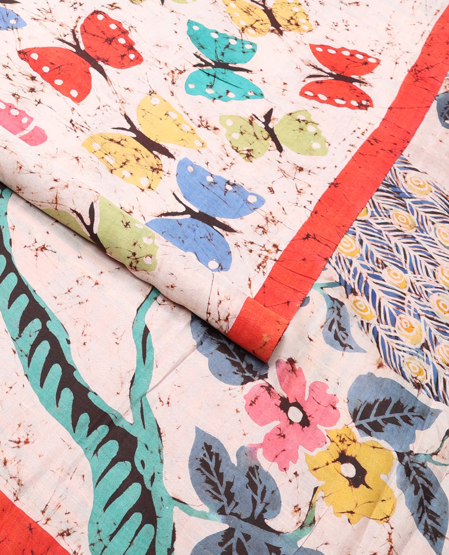 White butterfly motifs crepe saree with contrast border & peacock design pallu