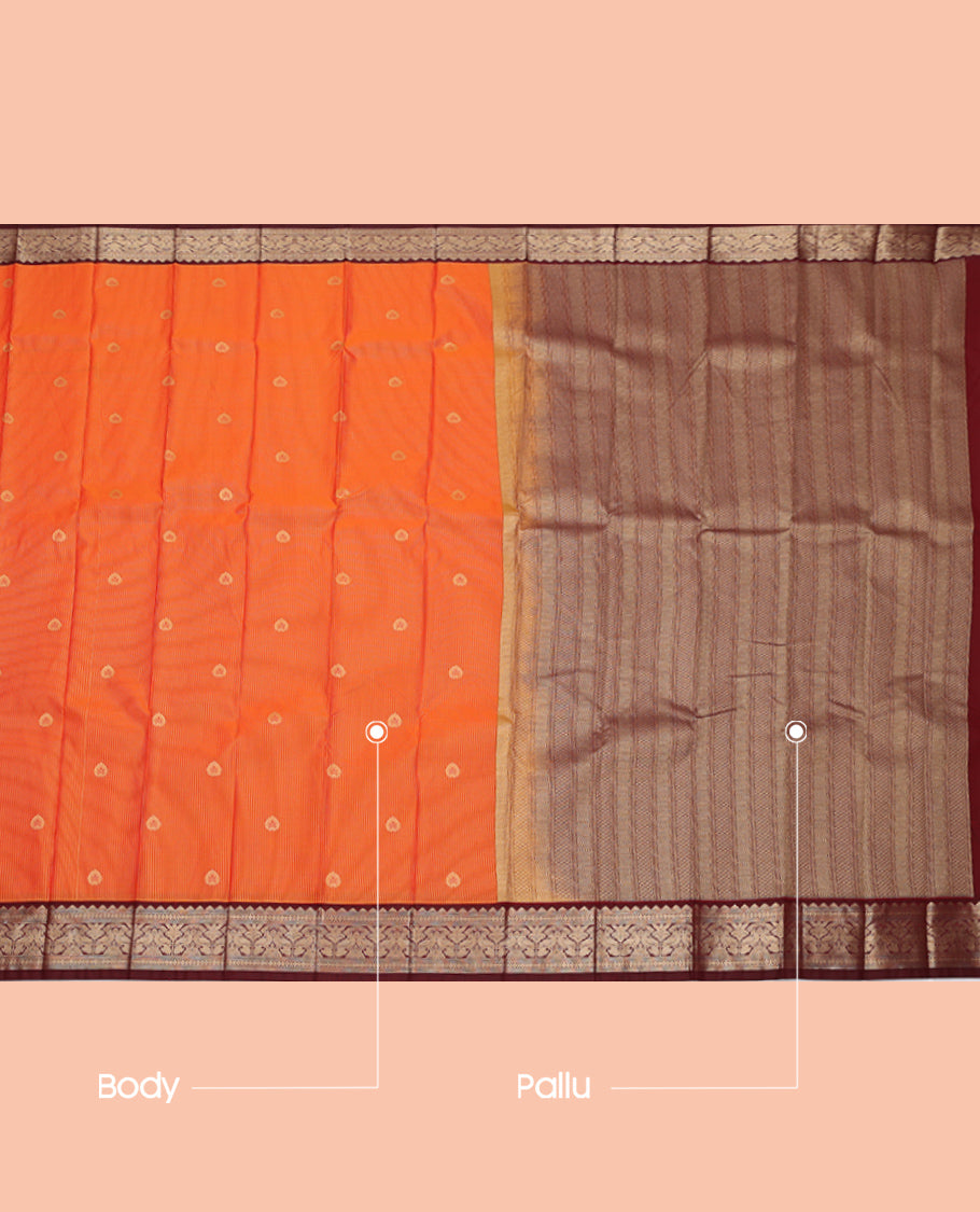 Orange Budget Silk Saree, Delicately Woven with Zari Buttas and Stripes, Complemented by a Contrast Traditional Zari Border, Grand Pallu, and a Contrast Blouse