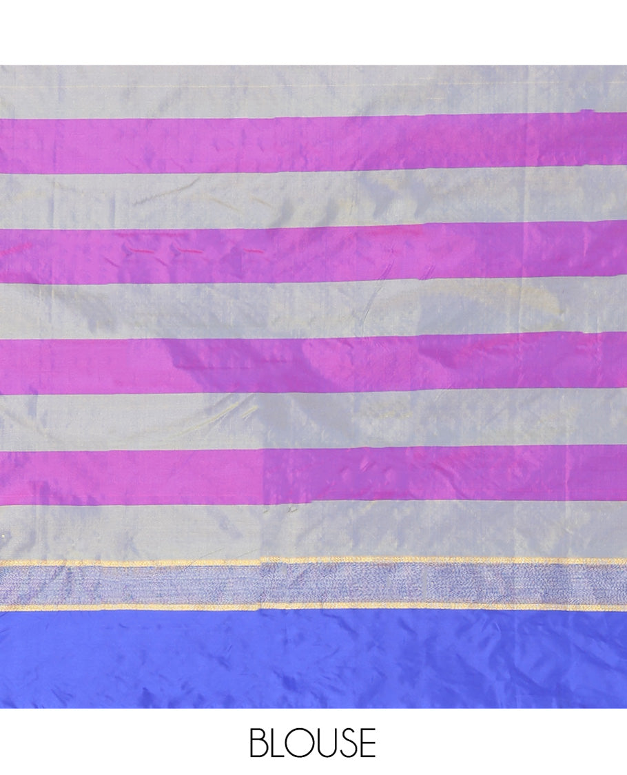 Multi-Color Striped Aarani Gift Saree, Finely Crafted with Plus-Size Buttas All Over Its Body, Complemented by a Contrast Border, Contrast Pallu of Stripes, and Paired with a Matching Blouse