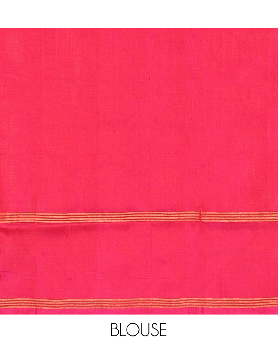 Sandal Uppada Silk Saree Featuring Zari Stripes and Buttas, Complemented by Contrast Sparsely Woven Border of Zari Floral Motifs, Contrast Pallu Decked Up with Jaal Designs, and Paired with a Contrast Blouse