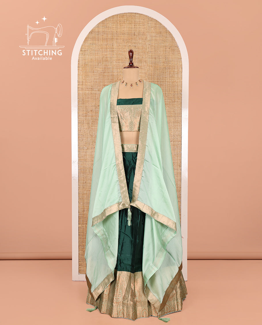 Green Semi-Banaras Half-Saree, Plain Contrast Intricate-Bordered Skirt, Matching Blouse, Contrast Dhavani