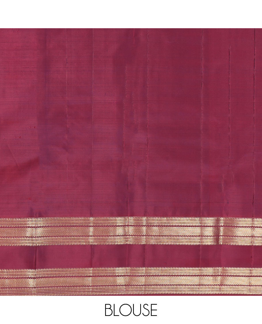 Rust Orange Vasundhara Silk Saree, Enriched with Zari Buttas All Over Its Body, Complemented by a Contrast Rettai Pettu Border of Ara Bogudi, Banaras, Muthu, and Ara Maadam Designs, Grand Jaal Pallu, and Paired with a Contrast Blouse