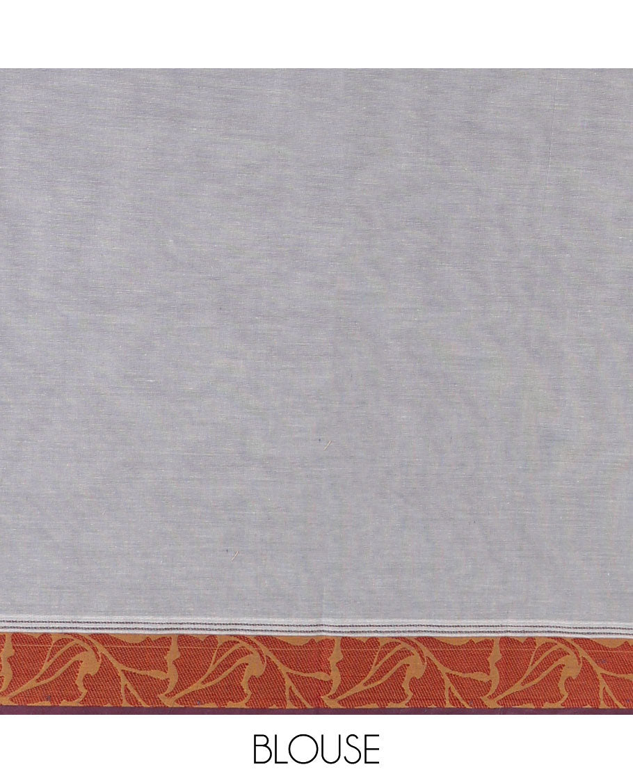 Light grey geometric design coimbatore cotton saree with contrast leaf design border & paisley design pallu