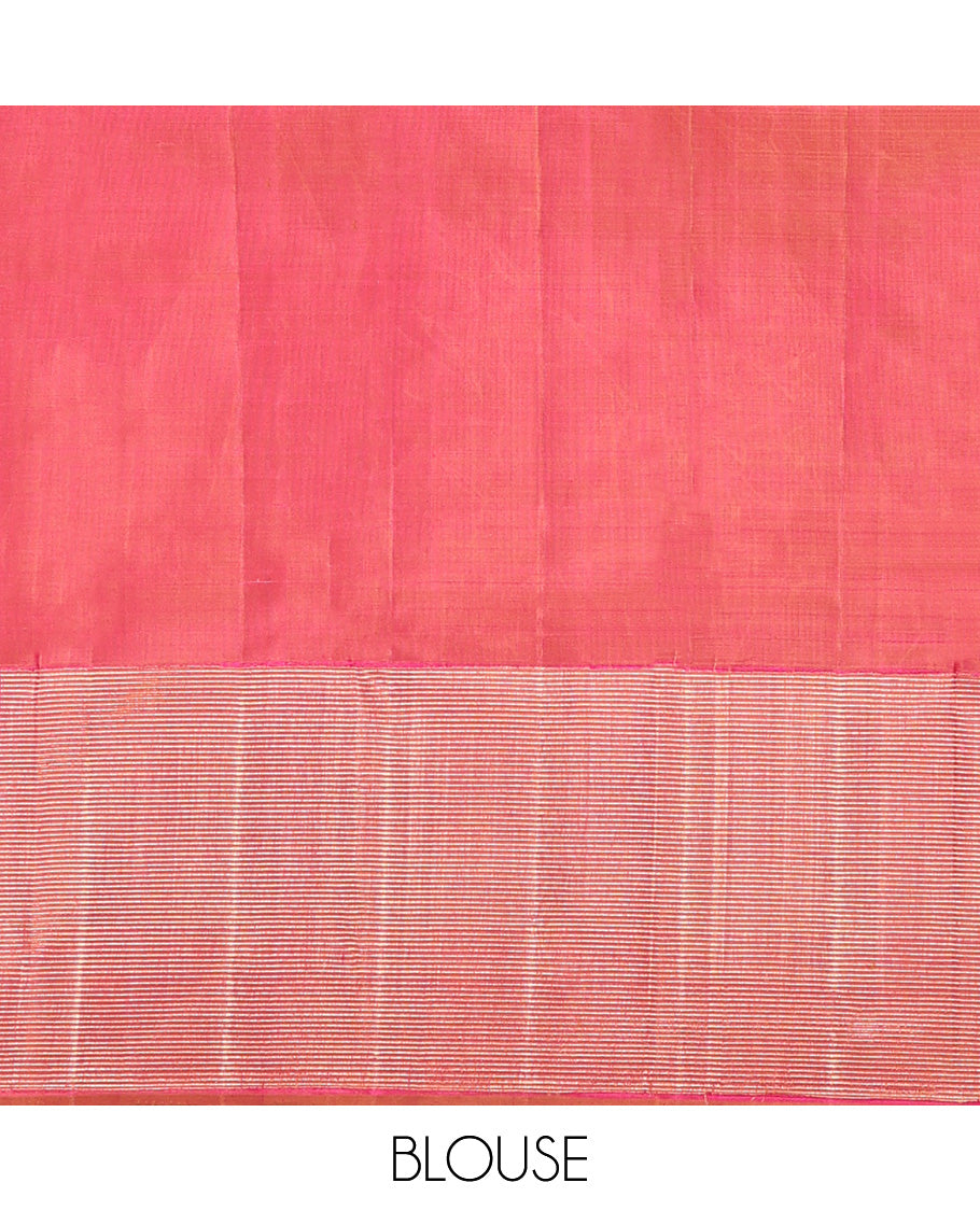 Red Kanchipuram Designer Silk Saree, Boldly Accentuated with Jacquard Design All Over Its Body, Gleaming Zari Striped Border, Pallu Steeped with Zari Stripes, and Paired with a Matching Blouse