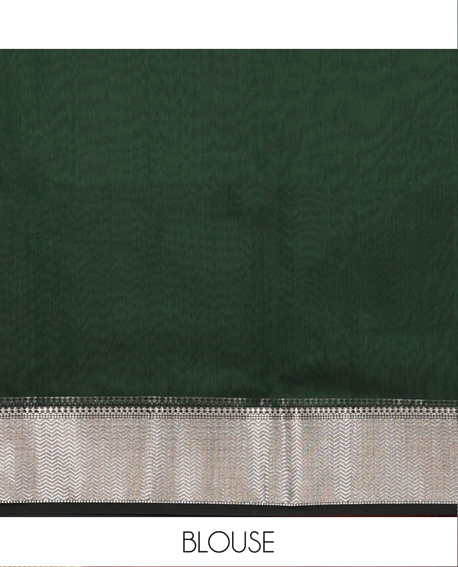 Green Maheshwari Cotton Saree, Bedecked with Meena Buttas All Over Its Body, Highlighted by a Traditional Zari Woven Border, Pallu Steeped with Gleaming Zari Stripes and Buttas, and Paired with a Matching Blouse