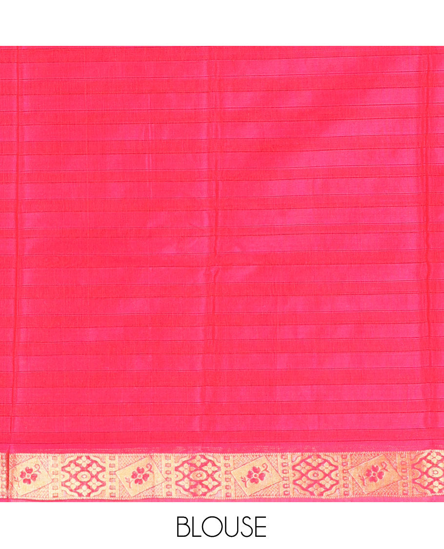 Red Silk Cotton Saree, Decorated with Zari Stripes and Buttas, Complemented by a Contrast Border, Contrast Butta Enclosed Hexagon Pallu, and a Contrast Blouse