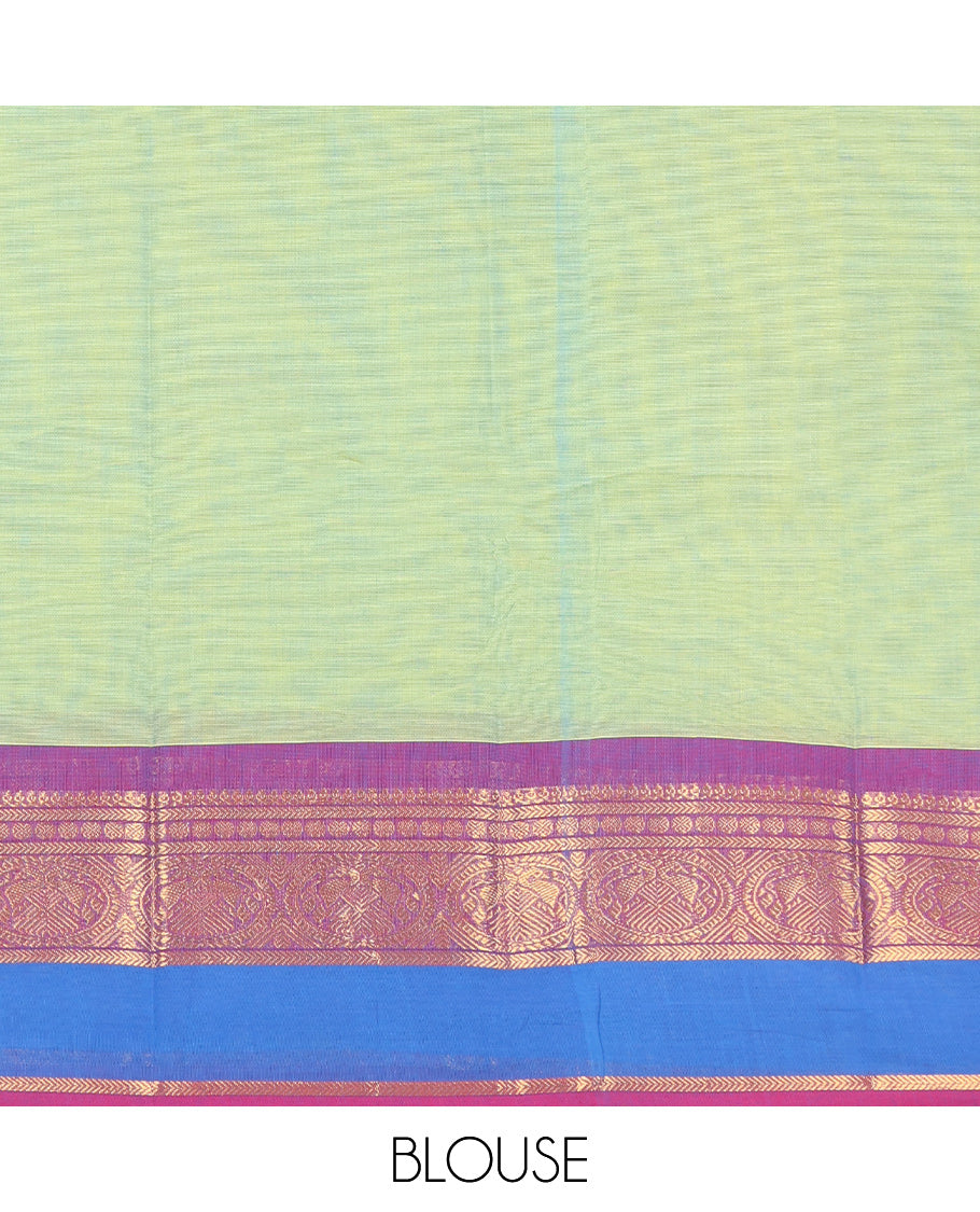 Green Chettinad Cotton Saree, Ornamented with Buttas All Over Its Body, Complemented by a Contrast Traditional Zari Rettai Pettu Border, Pallu of Stripes and Buttas, and Paired with a Matching Blouse