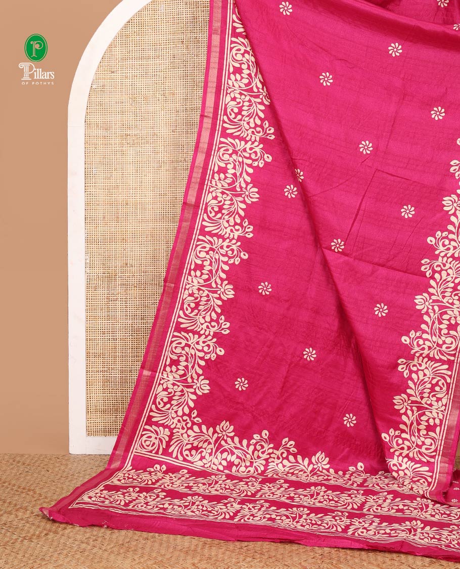 Magenta batik-style floral butta printed Malgudi silk saree, batik floral design printed piping zari border & floral printed pallu