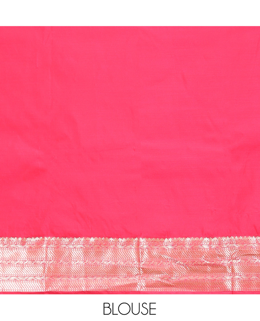 Sandal Budget Silk Saree, Subtly Sparkled with Zari Buttas, Complemented by a Contrast Traditional Zari Border, Pallu of Jaal and Paisleys, and Contrast Blouse