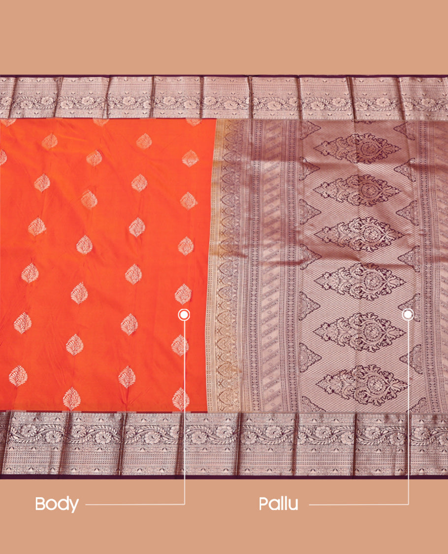 Orange Budget Silk Saree, Bedecked with Zari Buttas, Complemented by a Contrast Traditional Zari Border, Grand Pallu, and Contrast Blouse