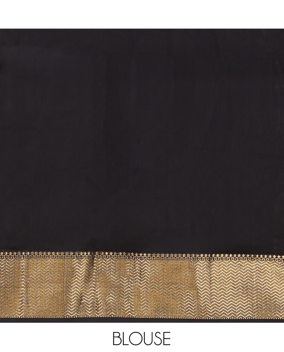 Grey Maheshwari Cotton Saree, Embellished with Buttas, Highlighted by a Traditional Zari Border, Pallu Gleamed Up with Zari Buttas, and a Contrast Blouse