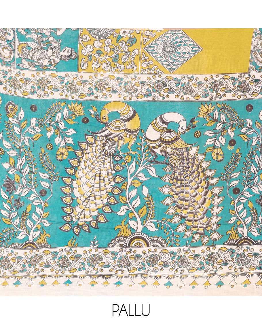 Green Kalamkari Cotton Saree, Elevated with Flora-Fauna Print, Contrast Kalamkari Printed Border, Peacock Kalamkari Pallu, and a Contrast Blouse