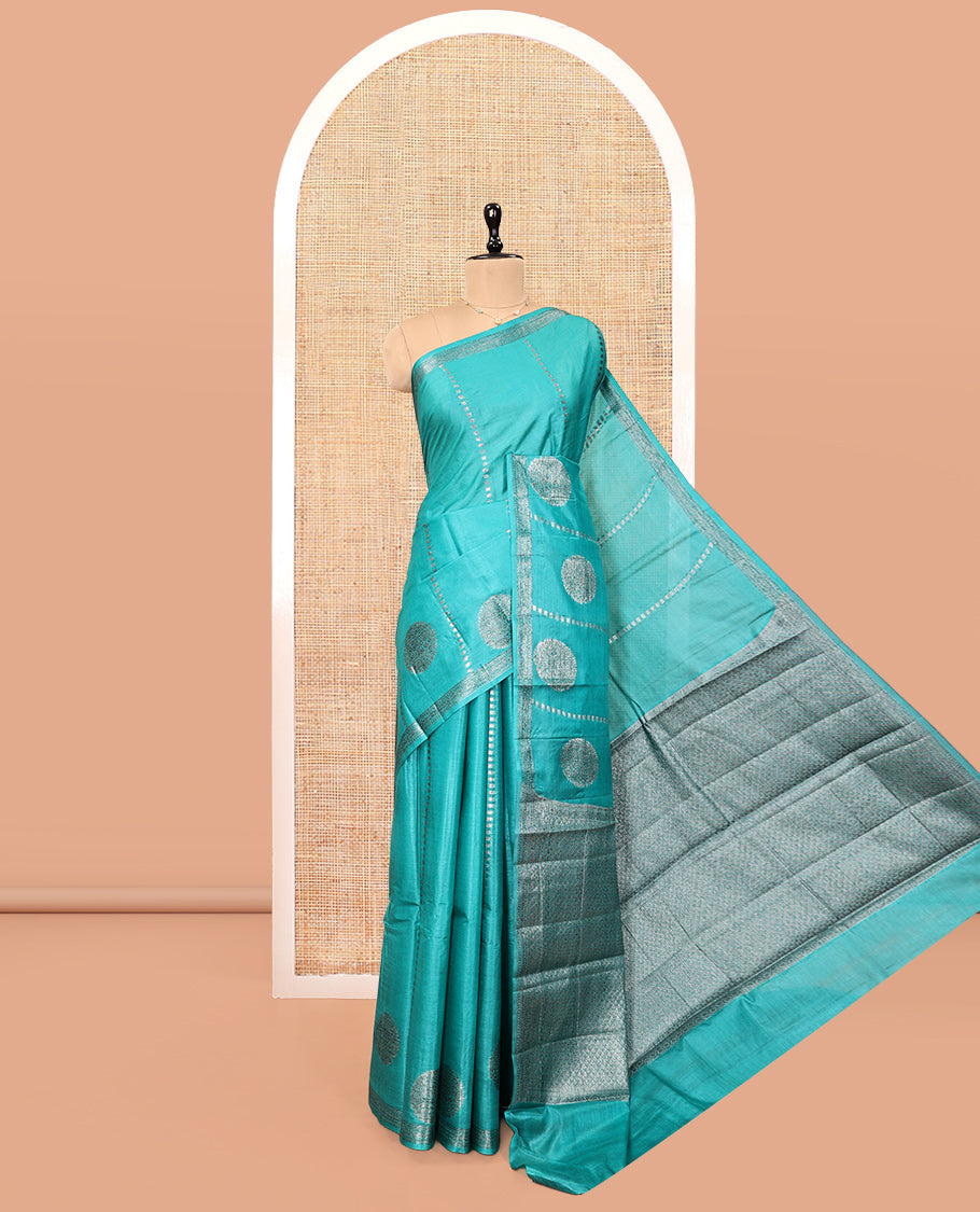 Blue Tussar Silk Saree, Detailed with Zari Buttas and Stripes, a Piping Border, Jaal Pallu, and a Matching Blouse