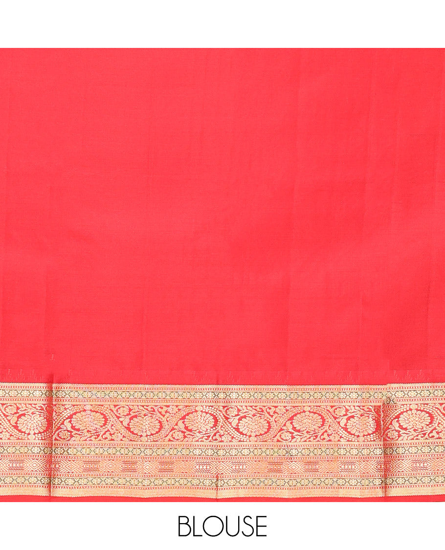 Cream Vasundhara Silk Saree, Subtly Sparkled with Buttas And Checks On Its Body, Complemented by Captivating Contrast Border of Thazampoo Rekku, Muthu, Banaras, and Kodi Visiry Designs, Pallu Steeped with Manga Designs, And Paired with a Contrast Blouse