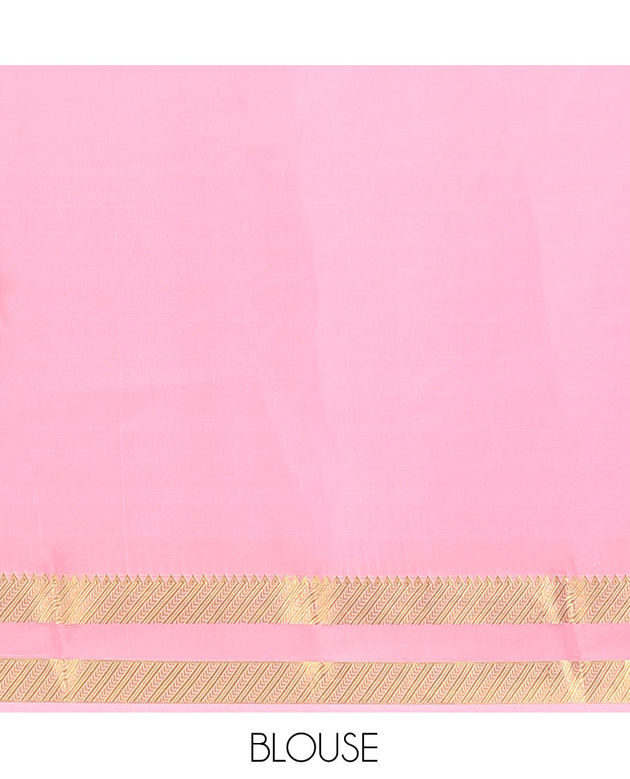 Pink Mysore Silk Saree, Highlighted with Zari Stripes, Complemented by a Traditional Zari Woven Border, a Self-Pallu, and a Matching Blouse