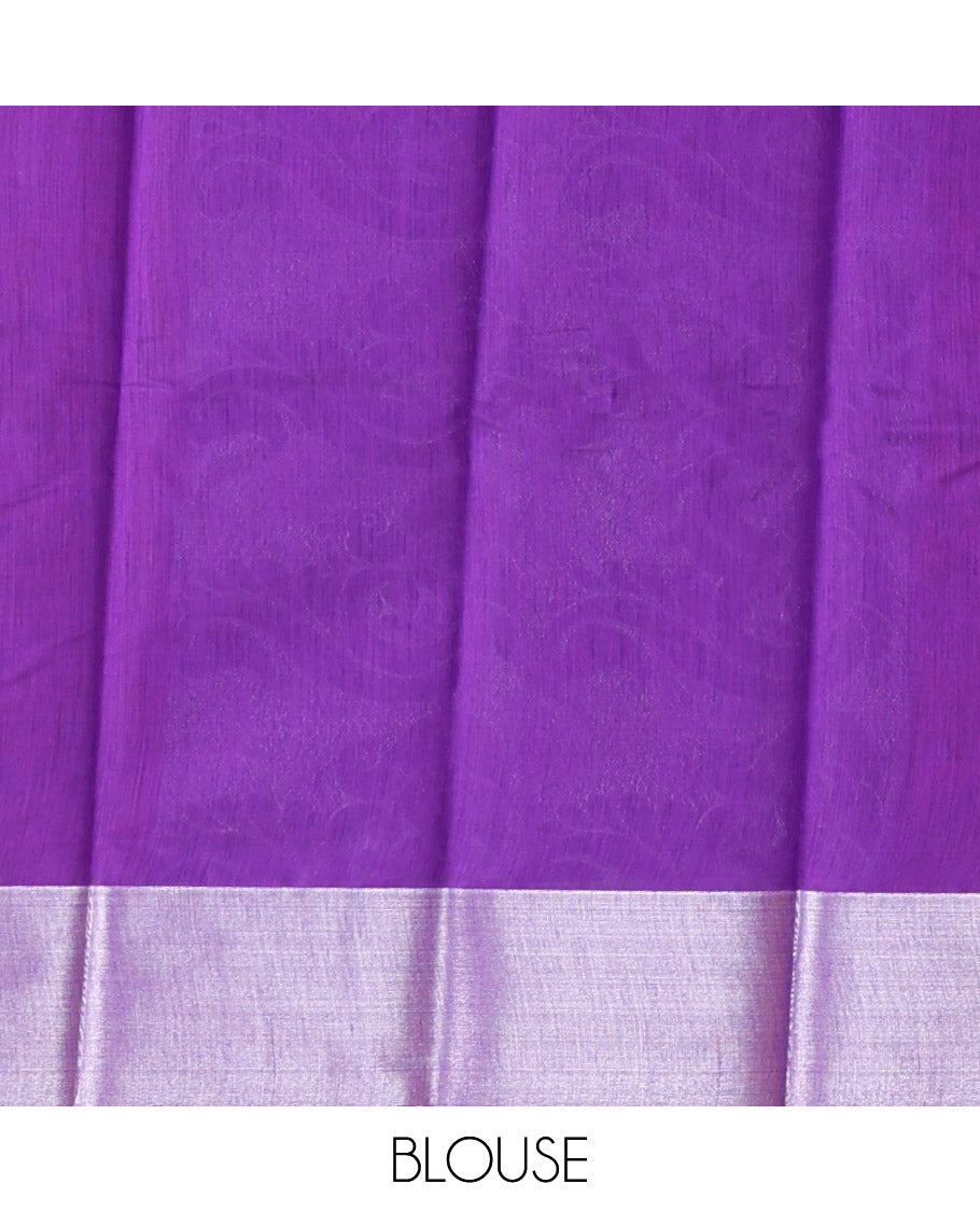 Violet Semi-Silk Cotton Saree, Embellished with Peacock Buttas All Over Its Body, Complemented by a Contrast Border of Peacock Designs, Pallu Steeped with Peacock Zari Design, and Paired with a Matching Blouse