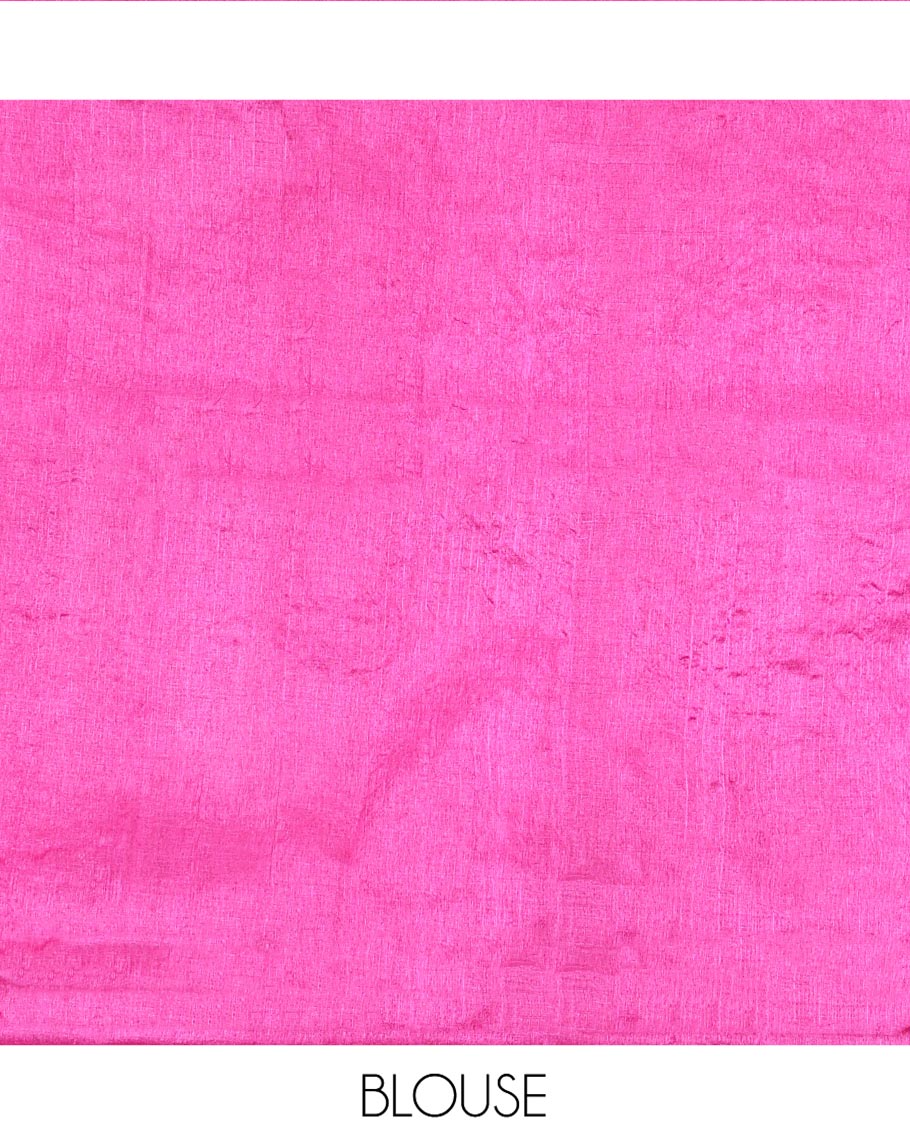 Borderless Rani Pink Tussar Silk Saree Illustrating Mythological Animal Motifs Woven in Zari on Its Body, Pallu Highlighted by Animal-Human Motifs in Zari, and Paired with a Matching Blouse