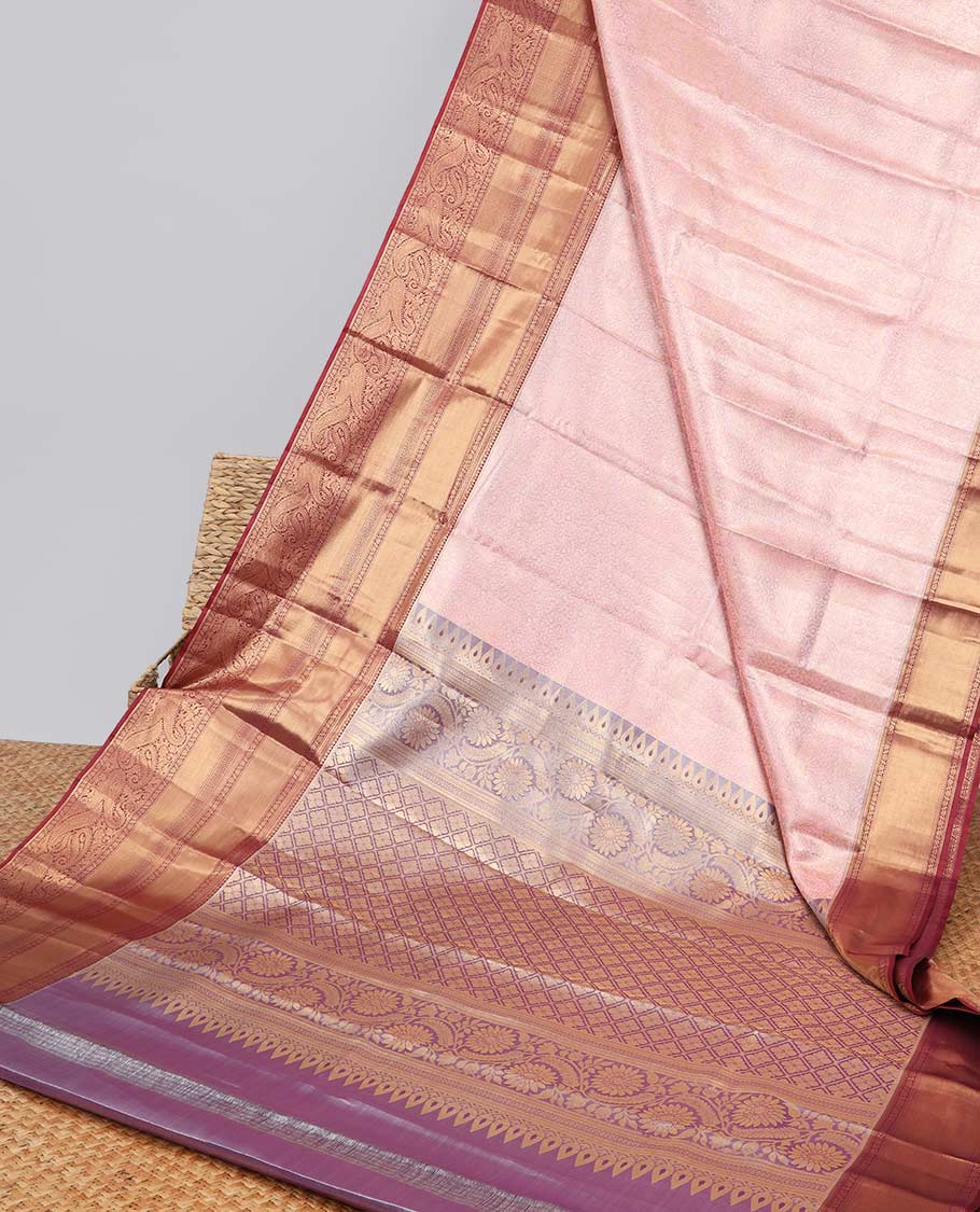 Pink floral jacquard budget silk saree with contrast zari design border & intricate zari design pallu
