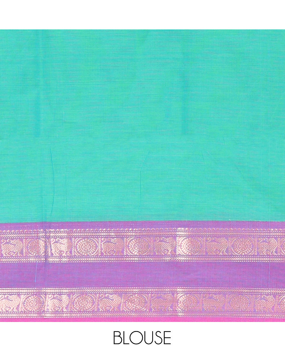 Aqua Green Chettinad Plain Cotton Saree, Defined by a Contrast Rettai Pettu Yaazhi-Chakra Border, a Striped Pallu and a Matching Blouse