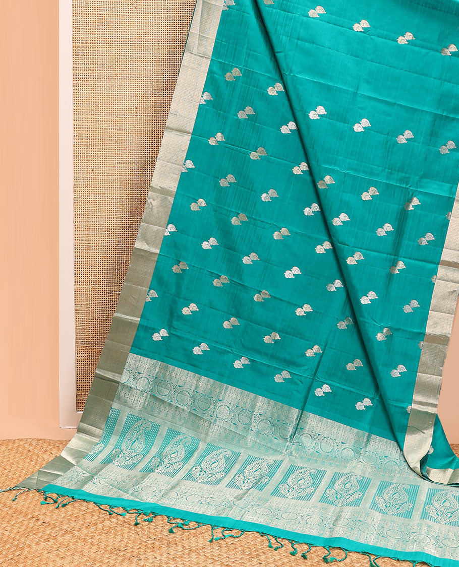 Sea blue floral design mayuri soft silk saree with contrast border & floral zari design pallu