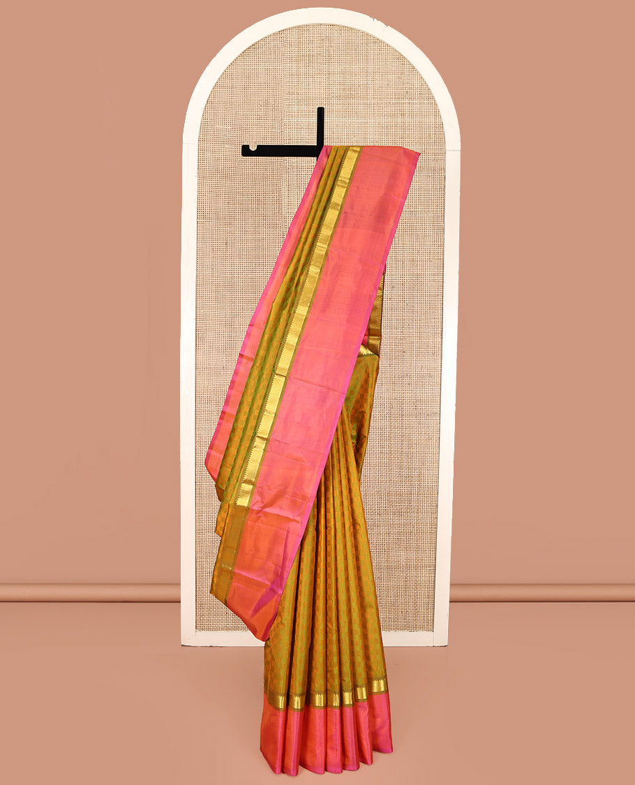 Green-Mustard Kanchipuram Silk Saree, Sparsely Woven with Paiyaadi Kattam on Its Body, Complemented by Contrast Kal Eragina Border of Rekku, and Vanki Designs, Zari-Striped Pallu, and Paired with a Contrast Blouse
