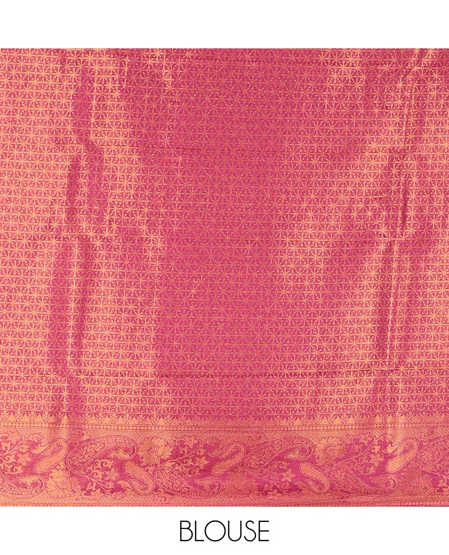 Red floral jacquard banaras half saree with contrast intricate zari design border, zari design blouse & floral zari design dhavani