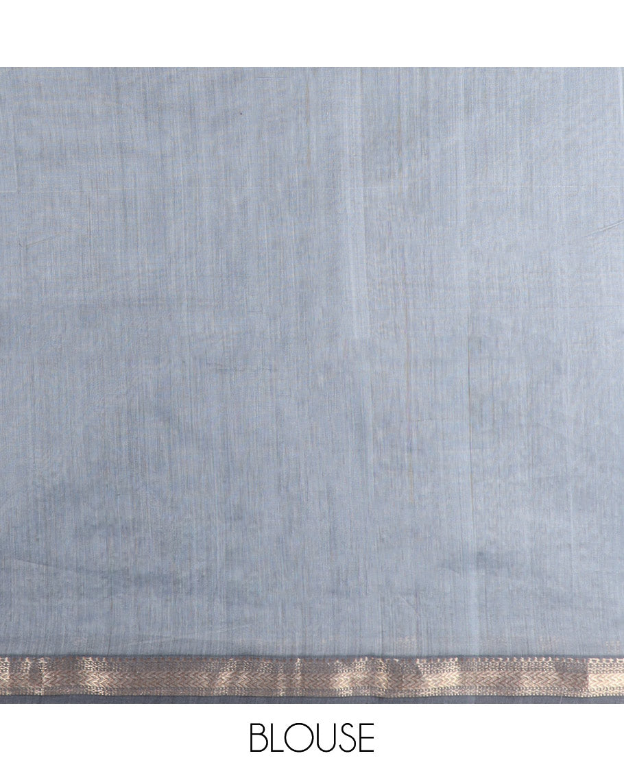 Grey maheshwari cotton saree with self floral zari design border & striped pallu