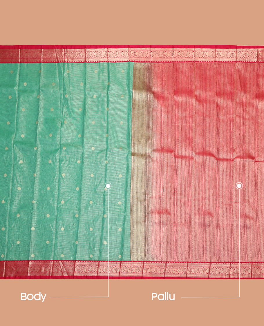 Green Budget Silk Saree, Ornamented with Zari Buttas and Micro-Checks, Complemented by a Contrast Traditional Zari Border, Geometric-Patterned Pallu, and a Contrast Blouse