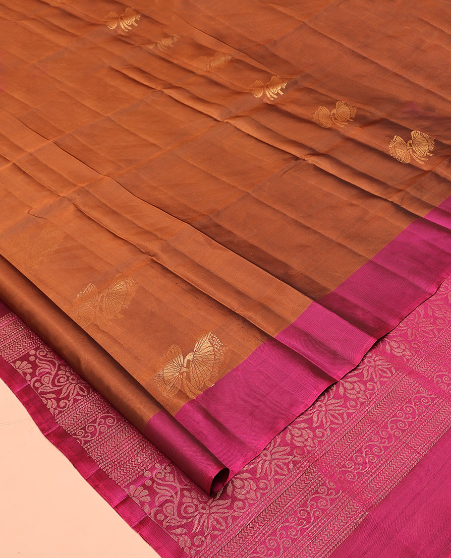 Brown Mayuri Soft Silk Saree, Detailed with Buttas All Over the Body, Complemented by a Contrast Border, Contrast Intricately Designed Pallu, and Paired with a Contrast Blouse
