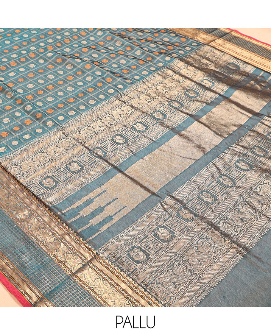 Blue Kuppadam Silk Saree, Finely Crafted with Butta Enclosed Checks, a Traditional Zari Border, Pallu of Temple Designs, and a Matching Blouse
