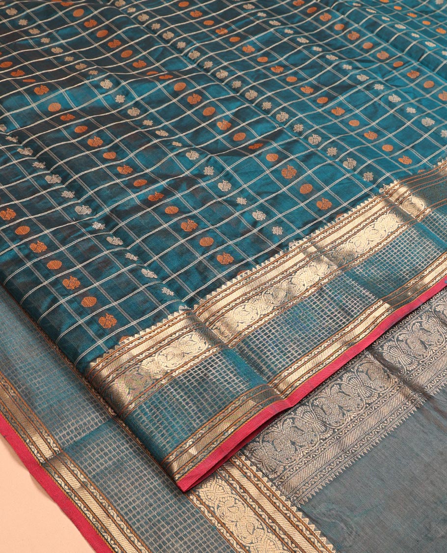 Blue Kuppadam Silk Saree, Finely Crafted with Butta Enclosed Checks, a Traditional Zari Border, Pallu of Temple Designs, and a Matching Blouse