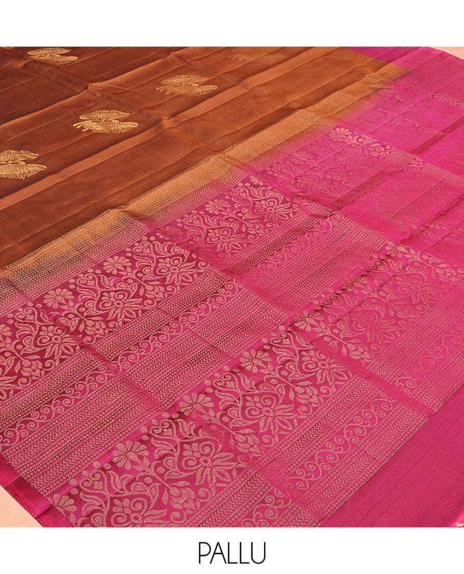Brown Mayuri Soft Silk Saree, Detailed with Buttas All Over the Body, Complemented by a Contrast Border, Contrast Intricately Designed Pallu, and Paired with a Contrast Blouse