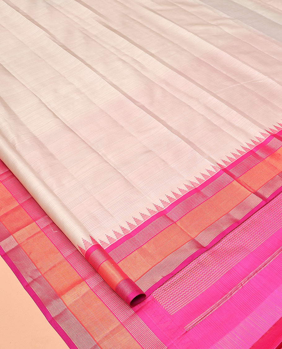 Beige-Striped Bangalore Silk Saree, Complemented by a Contrast Temple Ganga-Jamuna Border, Pallu of Temple and Neli Designs, and a Contrast Blouse