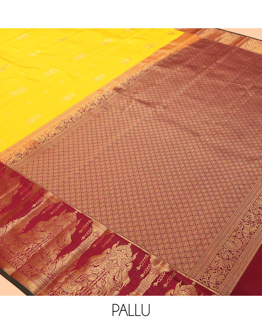 Yellow Vasundhara Lite Silk Mix Saree, Sparsely Woven with Zari Buttas, Contrast Border of Divine and Mythological Animal Characters, Grand Pallu, and a Contrast Blouse