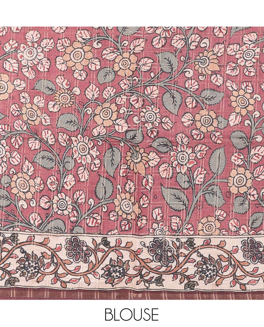 Blue Fancy Tussar Silk Saree, Elevated with Checked Design, Contrast Zari Piping Border, Pallu of Kalamkari Peacock Motifs, and Contrast Kalamkari Printed Blouse