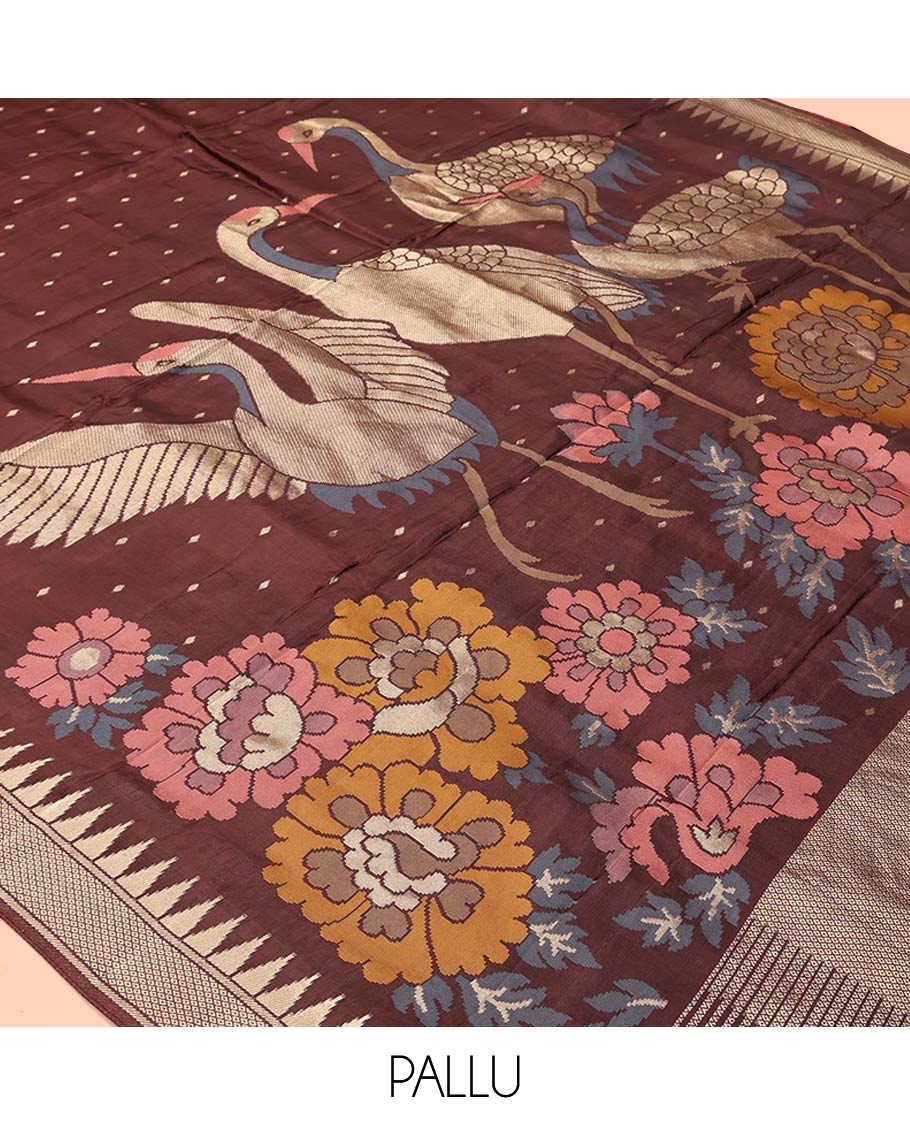 Coffee Brown HO-Silk Saree, Spotlighted with Diamond Buttas All Over Its Body, Highlighted by Temple Border, Complemented by Pallu Depicting Floral and Crane Motifs, Paired with a Matching Blouse