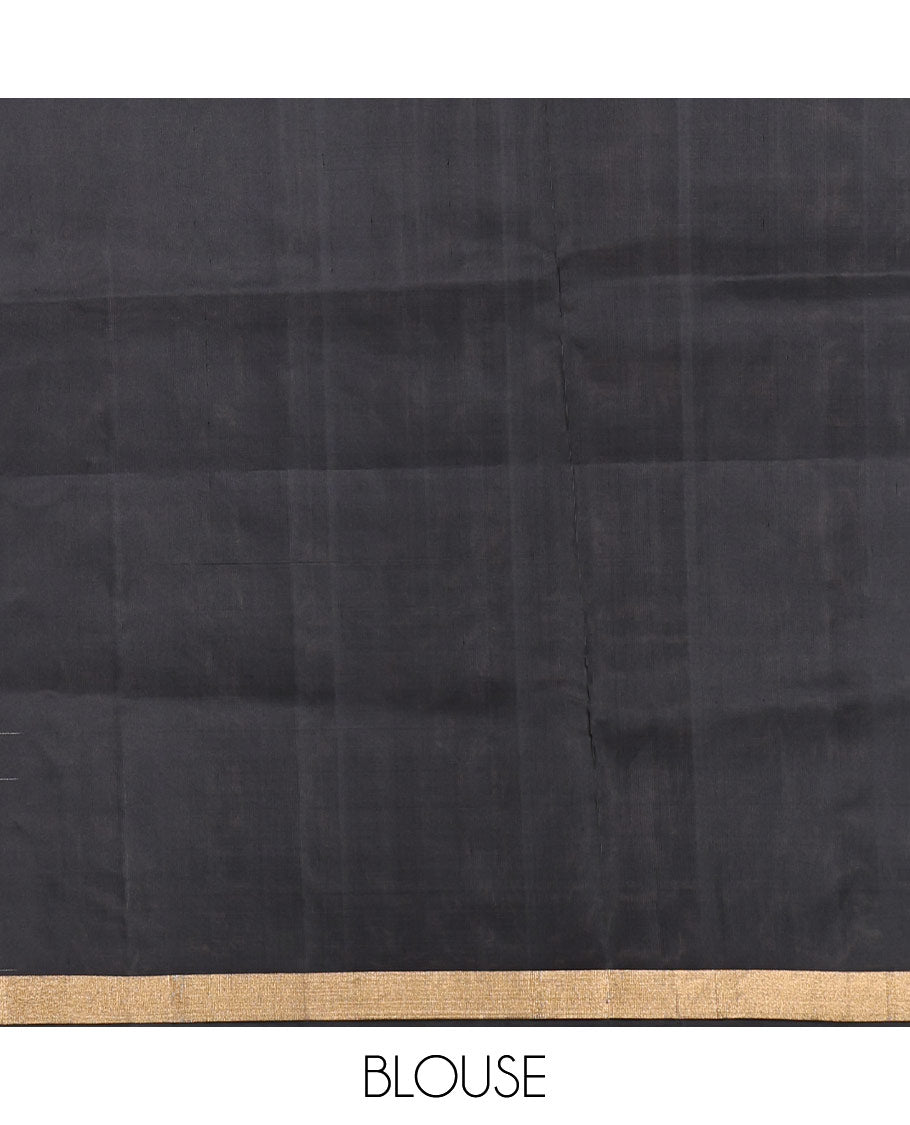 Grey Mayuri Soft Silk Saree, Subtly Sparkled with Zari Buttas, a Contrast Tribal-Themed Woven Border, Pallu of Forest-Themed Designs, and Contrast Blouse