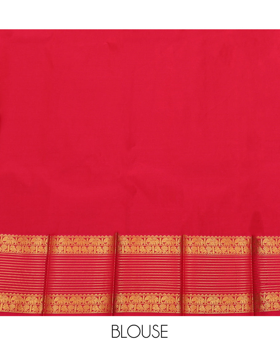 Orange Budget Silk Saree, Woven with Zari Buttas and Stripes on Its Body, Complemented by a Contrast Traditional Zari Border of Peacock-Elephant Designs, Grand Jaal Pallu, and Paired with a Contrast Blouse