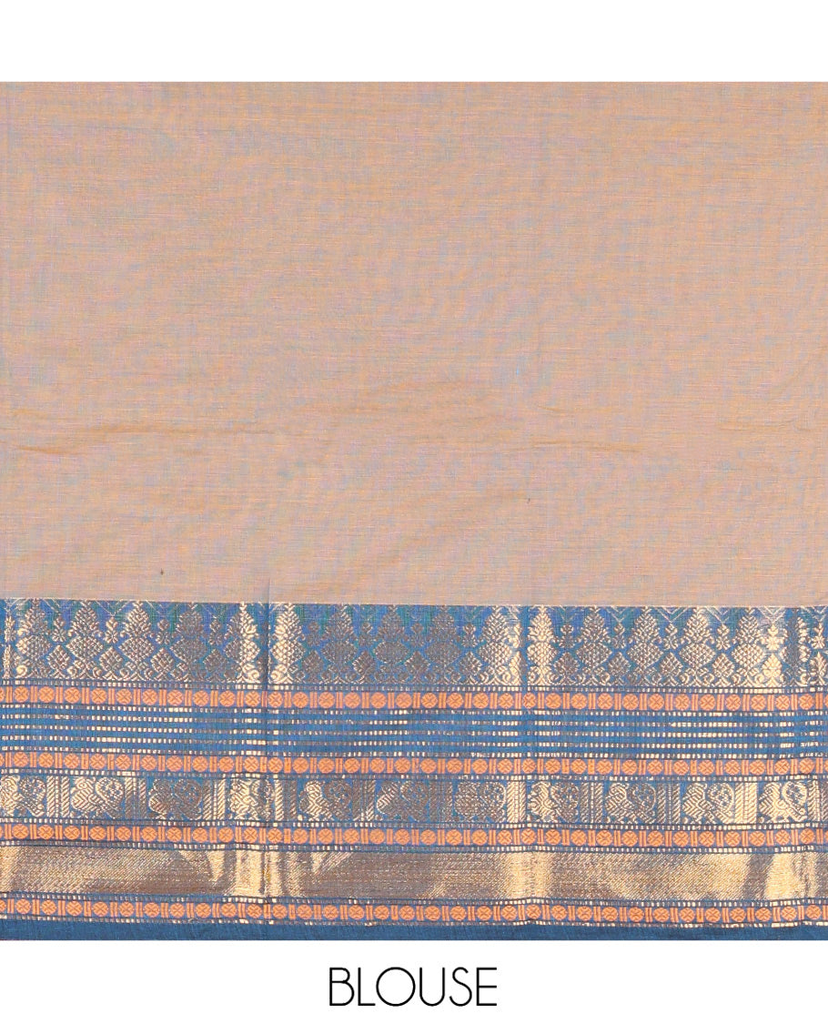 Fawn-Rama Blue Chettinad Cotton Half-Saree, Contrast Traditional Zari Bordered Skirt, Matching Blouse, and a Contrast Dhavani