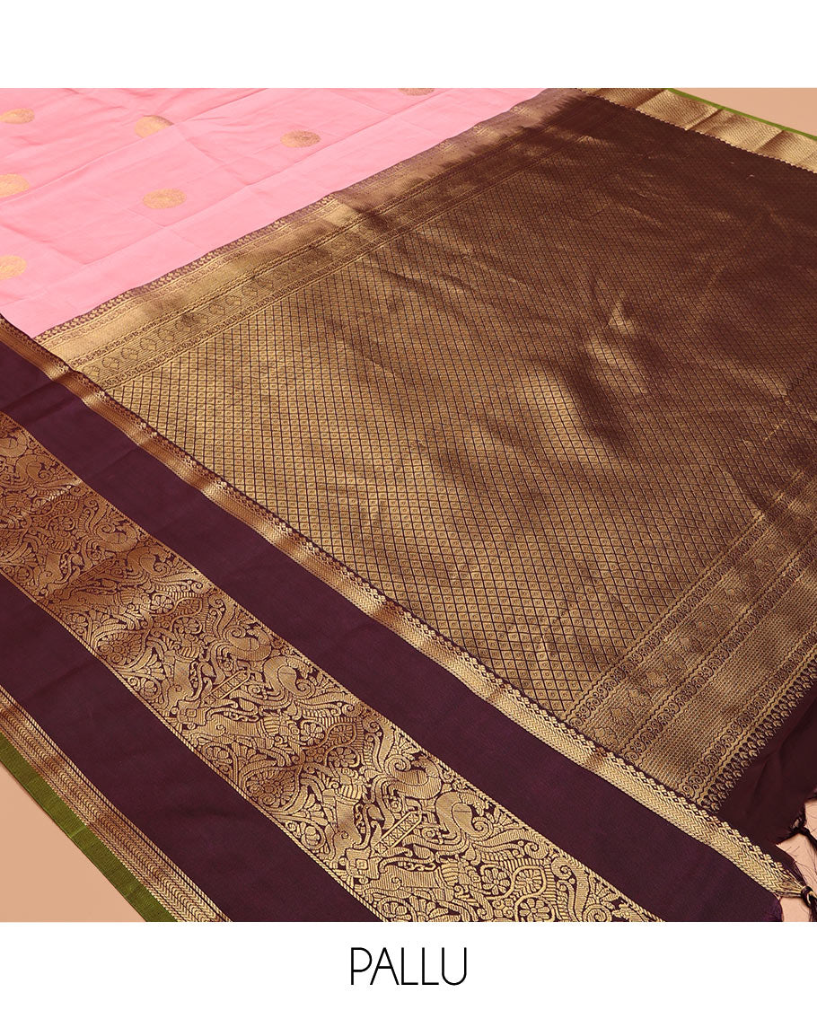 Pink-Brown Zari Buttas Vasundhara Lite Silk Mix Saree, Contrast Mayil-Yaali Border, Jaal Pallu, a Contrast Blouse