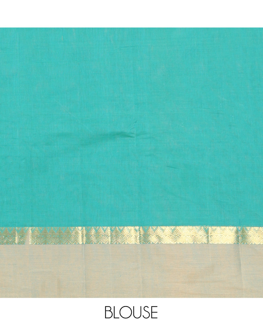 Green Kanchi Cotton Saree, Elevated with Buttas All Over Its Body, Complemented by a Contrast Border, Pallu of Intricate Design, and Paired with a Matching Blouse